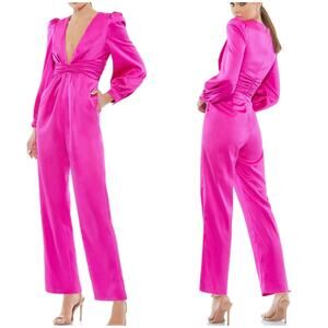 Mac Duggal NWT Pink Front Twist Puff Sleeve Deep V Jumpsuit Satin Size 0 Pockets